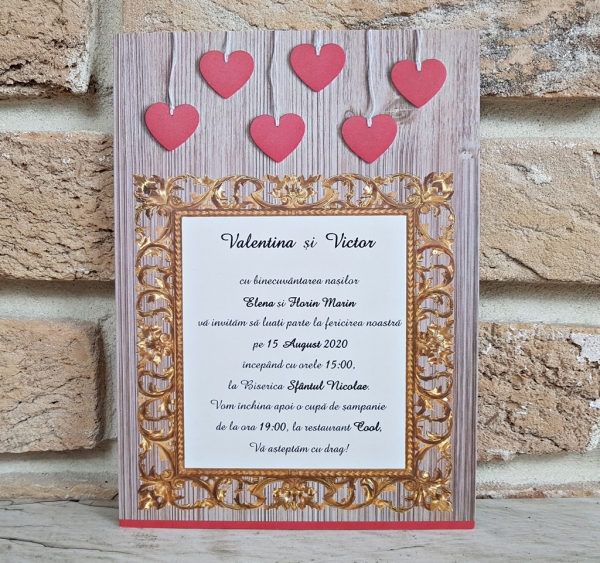 Invitatie de nunta cu inimioare si model de lemn - cod 2788 [1]