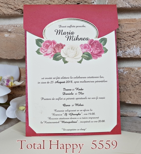 Invitatie de nunta eleganta rosie cu flori si model auriu - cod 5559 [2]