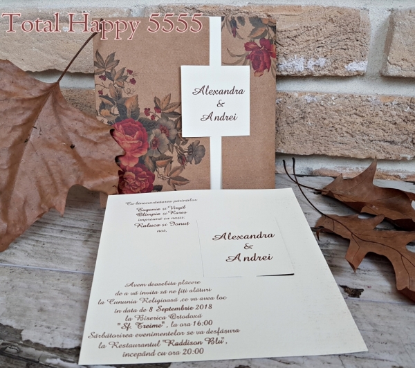 Invitatie de nunta eleganta maro cu flori rosii si inel de hartie - cod 5555 [1]