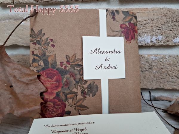 Invitatie de nunta eleganta maro cu flori rosii si inel de hartie - cod 5555 [2]