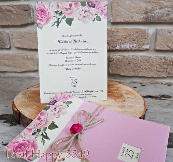 Invitatie de nunta delicata roz cu flori si snur - cod 5549 [1]