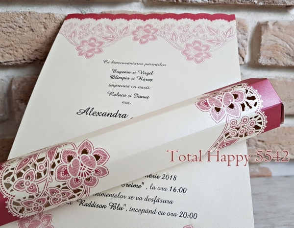 Invitatie de nunta pergament crem / bej cu flori roz - cod 5542 [1]