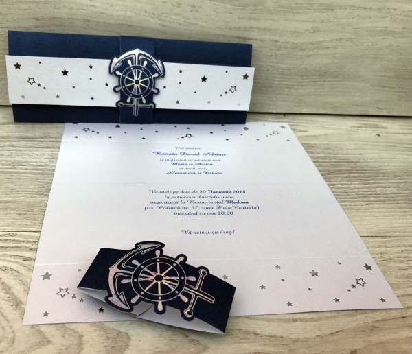Invitatie de botez eleganta albastra cu model de ancora si inel de carton - cod 6217 [2]