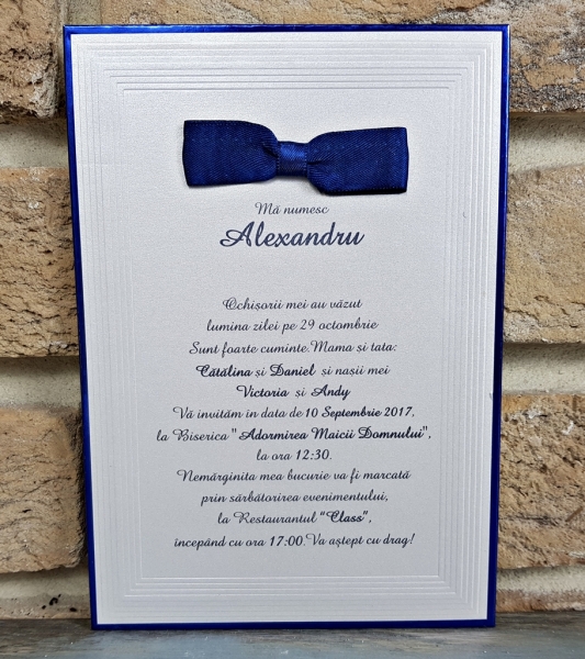 Invitatie de botez eleganta alba cu model albastru si funda - cod 6185 [2]