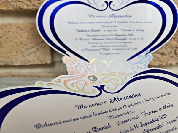 Invitatie de botez eleganta alba cu model albastru - cod 6193 [3]