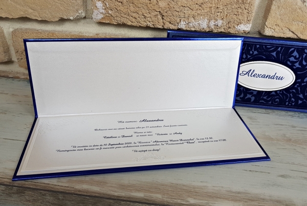 Invitatie de botez de lux albastra cu model de catifea - cod 6209 [3]