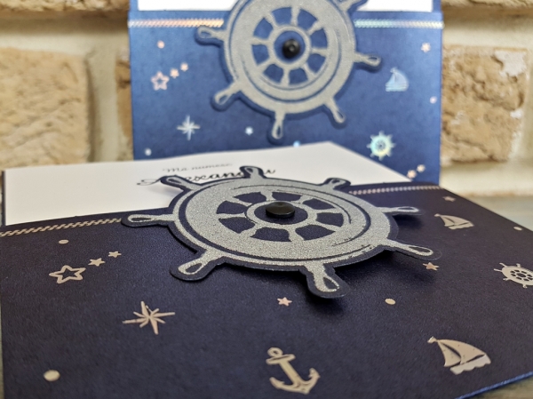 Invitatie de botez eleganta albastra cu model argintiu de marinar - cod 6196 [3]