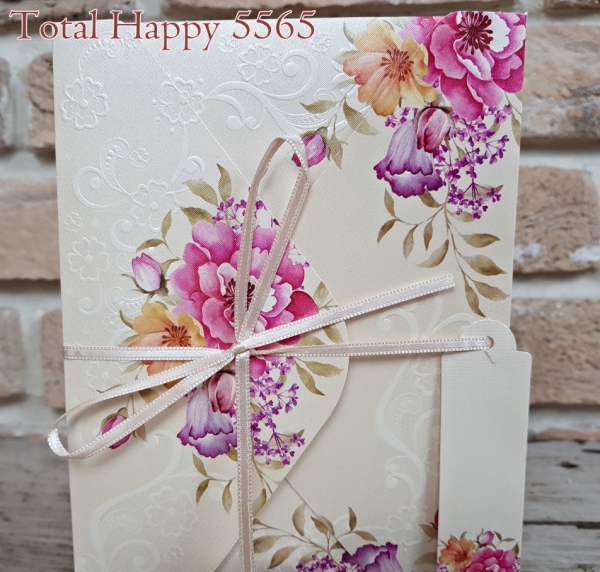 Invitatie de botez delicata crem / bej cu flori multicolore si funda - cod 5565 [3]