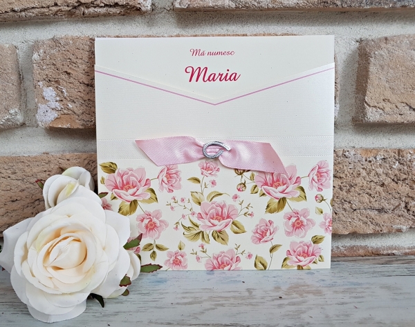 Invitatie de botez delicata crem / bej cu flori roz si funda - cod 5558 [2]