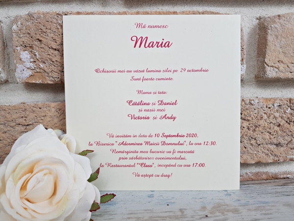 Invitatie de botez delicata crem / bej cu flori roz si funda - cod 5558 [3]
