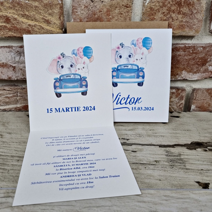 Invitatie de botez clasica albastra cu elefant - cod 603 [3]