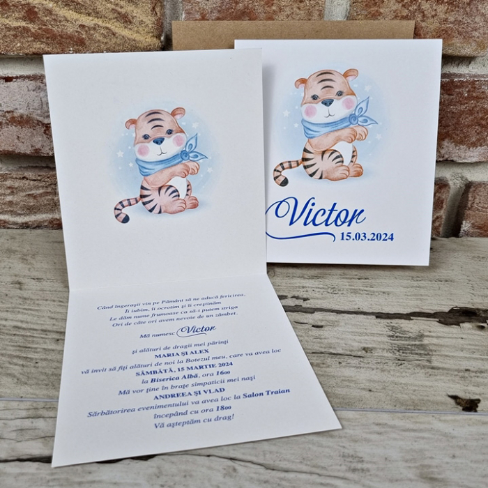 Invitatie de botez clasica albastra cu tigru - cod 605 [3]