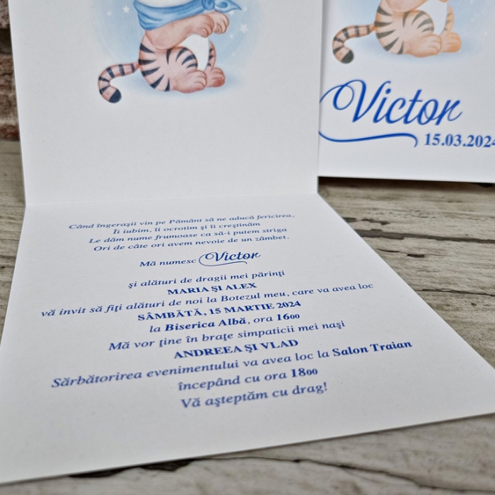 Invitatie de botez clasica albastra cu tigru - cod 605 [4]