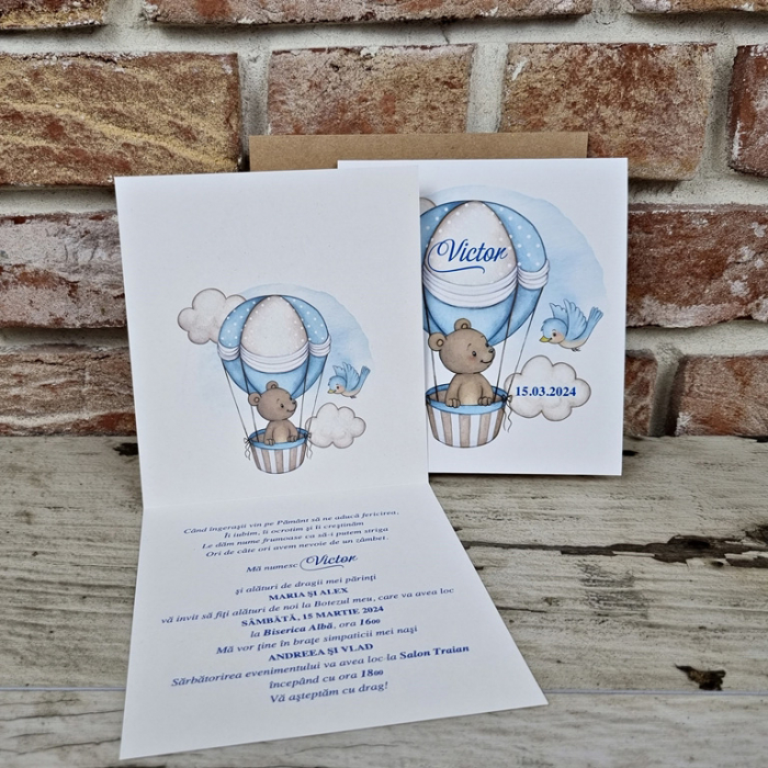 Invitatie de botez clasica albastra cu ursulet - cod 606 [3]