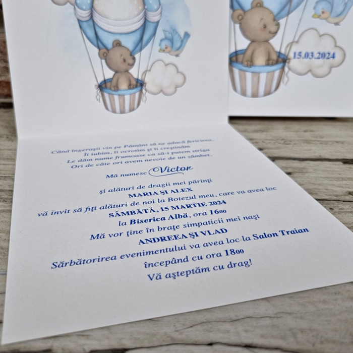 Invitatie de botez clasica albastra cu ursulet - cod 606 [4]