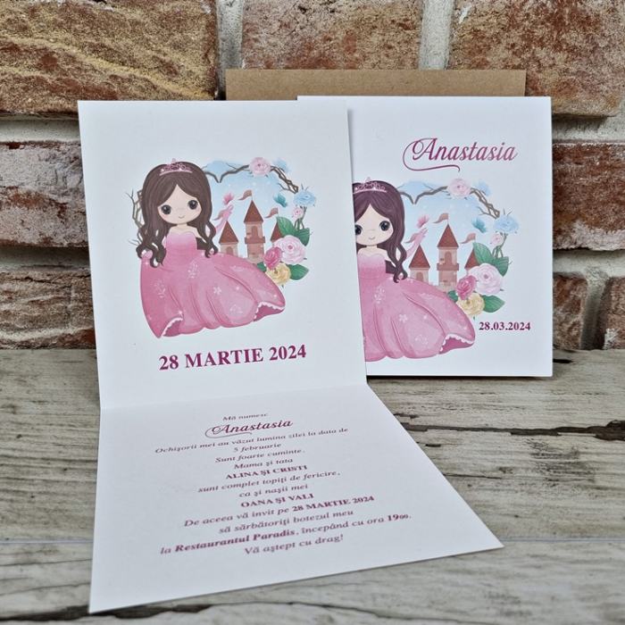 Invitatie de botez clasica roz cu printesa - cod 601 [3]