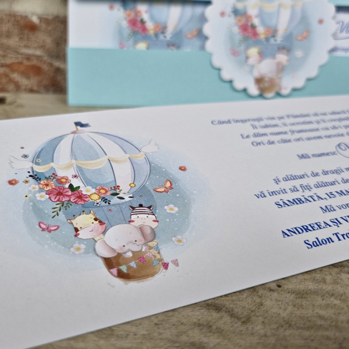 Invitatie de botez eleganta albastra cu animalute - cod 607 [5]