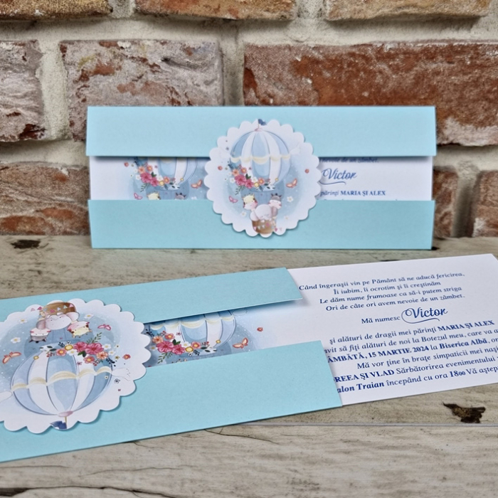 Invitatie de botez eleganta albastra cu animalute - cod 607 [2]