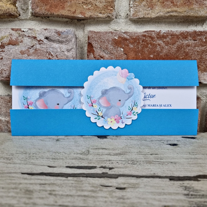 Invitatie de botez eleganta albastra cu elefant - cod 612 [2]