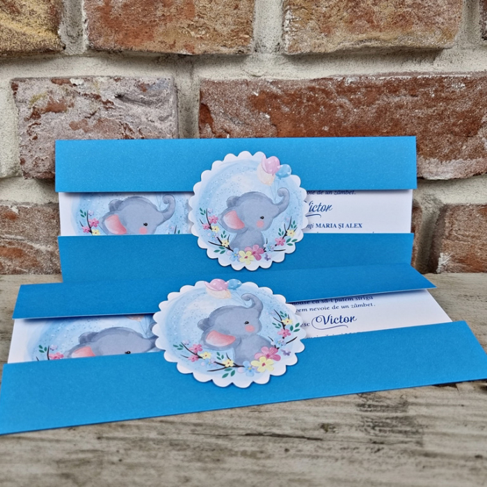 Invitatie de botez eleganta albastra cu elefant - cod 612 [3]