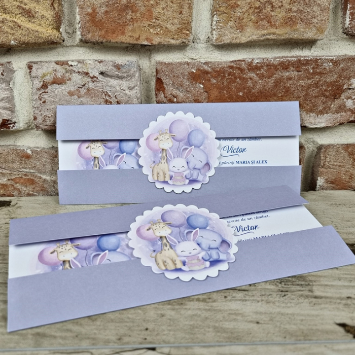Invitatie de botez eleganta mov cu animalute - cod 611 [3]
