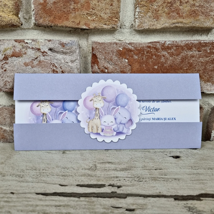 Invitatie de botez eleganta mov cu animalute - cod 611 [2]
