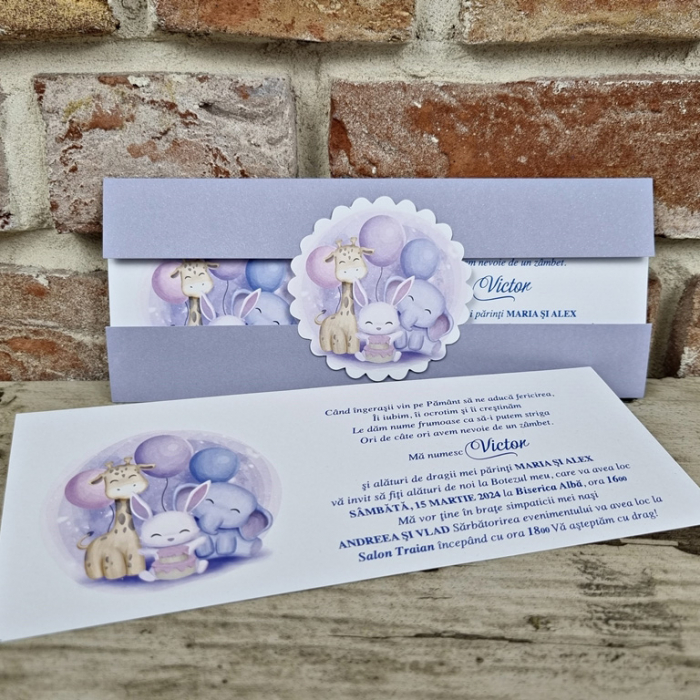 Invitatie de botez eleganta mov cu animalute - cod 611 [5]