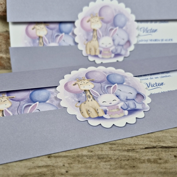 Invitatie de botez eleganta mov cu animalute - cod 611 [4]