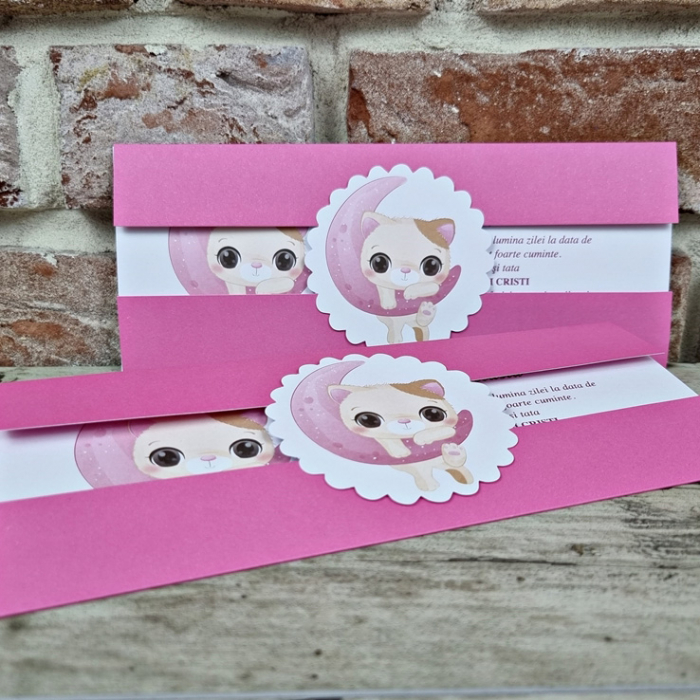 Invitatie de botez eleganta roz cu pisica - cod 609 [3]