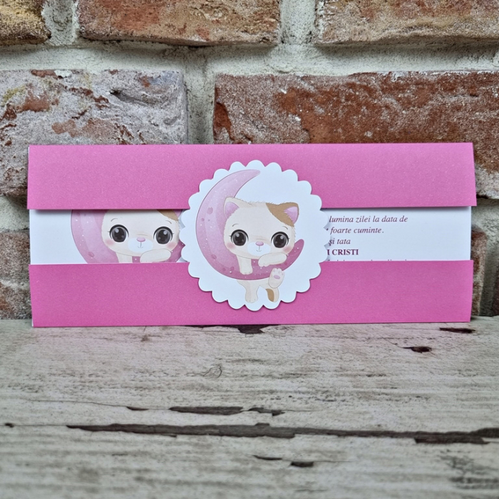 Invitatie de botez eleganta roz cu pisica - cod 609 [2]
