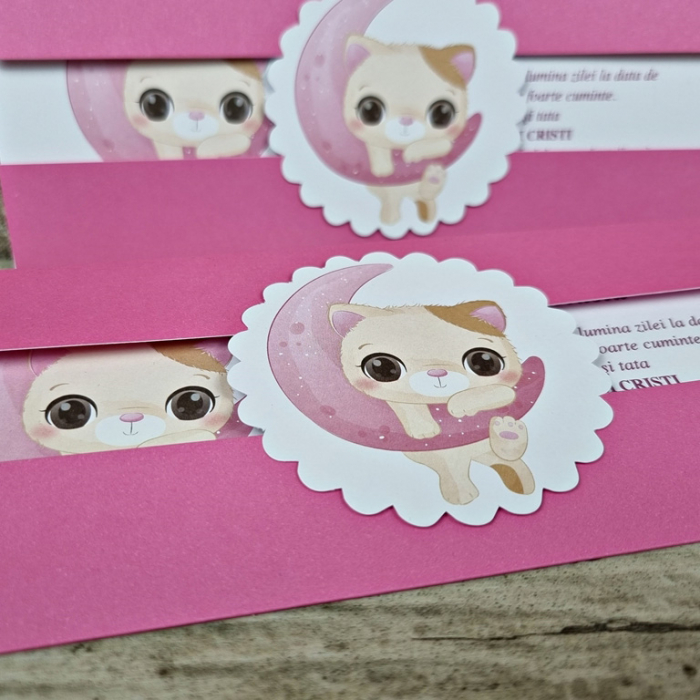 Invitatie de botez eleganta roz cu pisica - cod 609 [4]