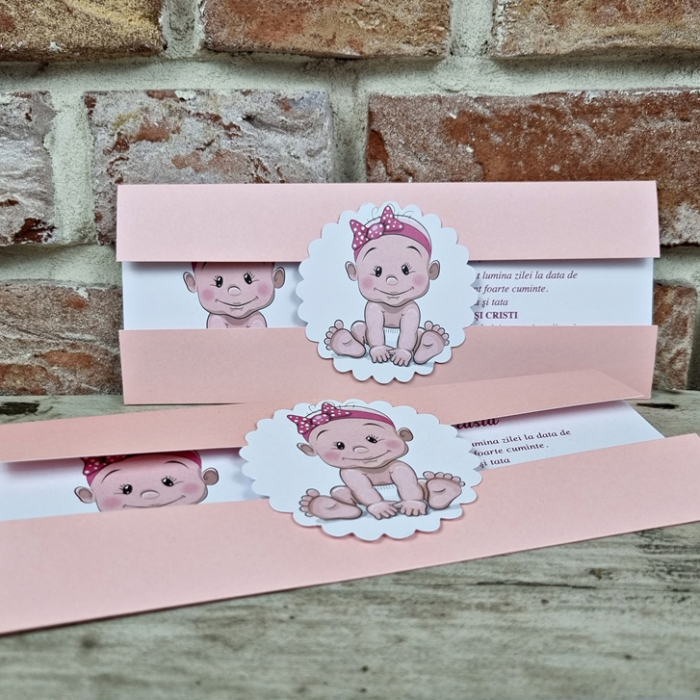 Invitatie de botez eleganta roz pudrat cu bebelus - cod 613 [3]