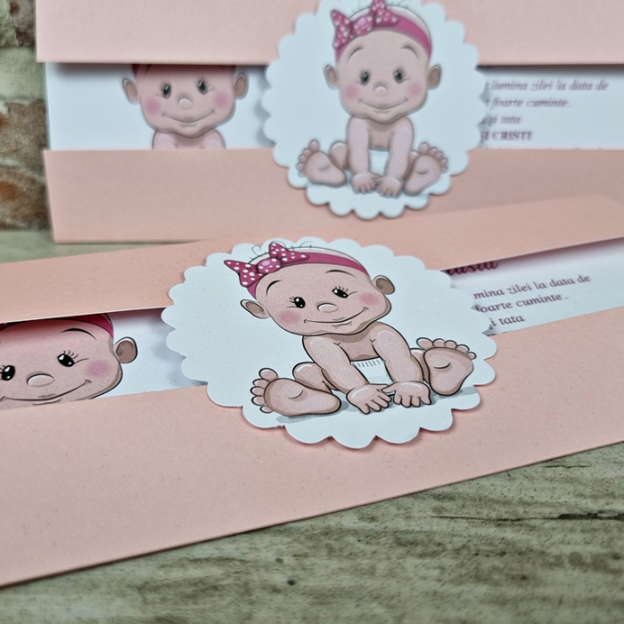 Invitatie de botez eleganta roz pudrat cu bebelus - cod 613 [4]