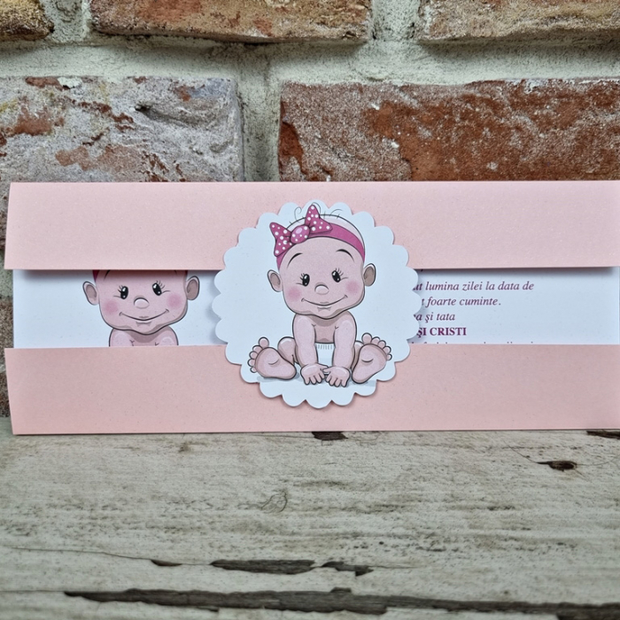 Invitatie de botez eleganta roz pudrat cu bebelus - cod 613 [2]