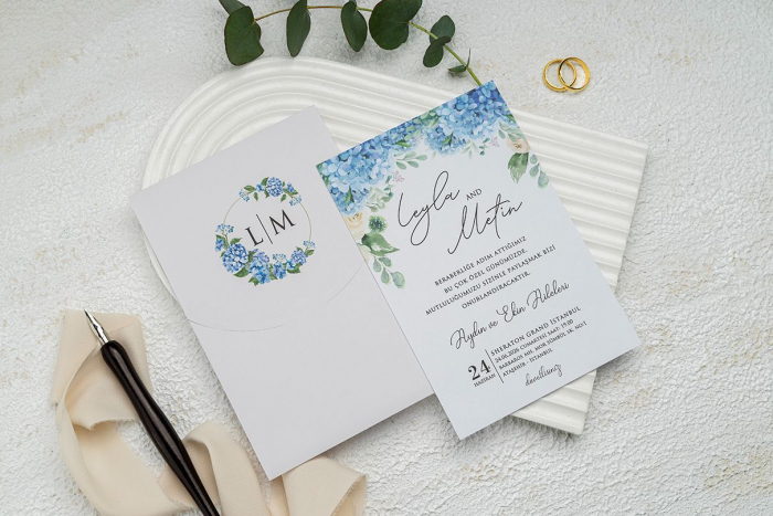 Invitatie de nunta alba cu flori albastre - cod 9327 [2]
