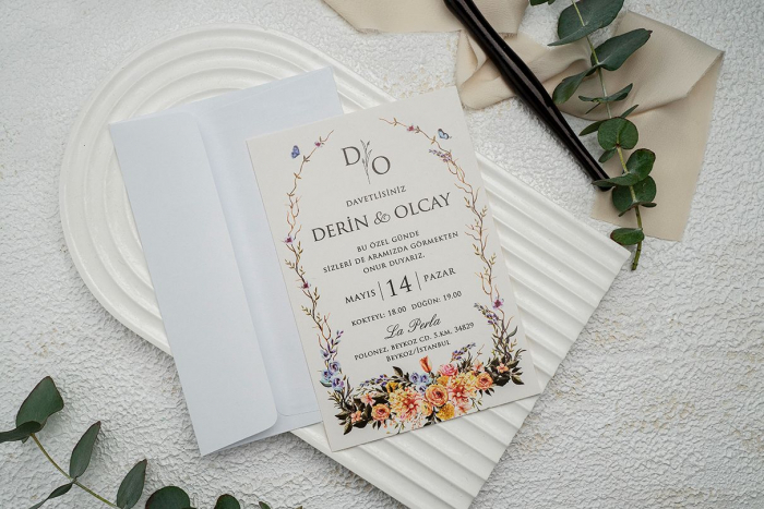 Invitatie de nunta alba cu flori multicolore - cod 9342 [2]