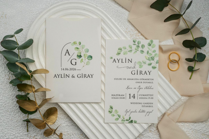 Invitatie de nunta alba cu model de frunze verzi - cod 9294 [2]