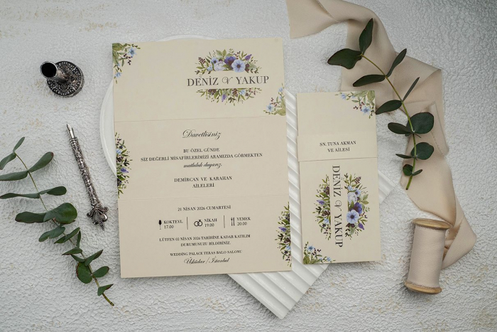 Invitatie de nunta crem / bej cu flori mov - cod 9314 [2]