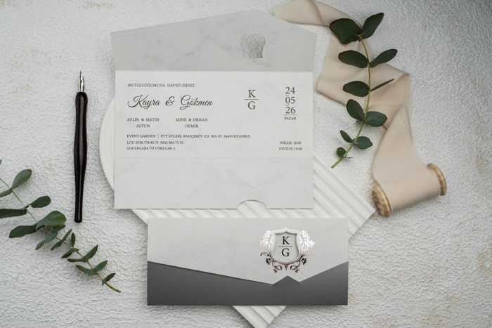 Invitatie de nunta eleganta alba cu model argintiu - cod 9312 [2]