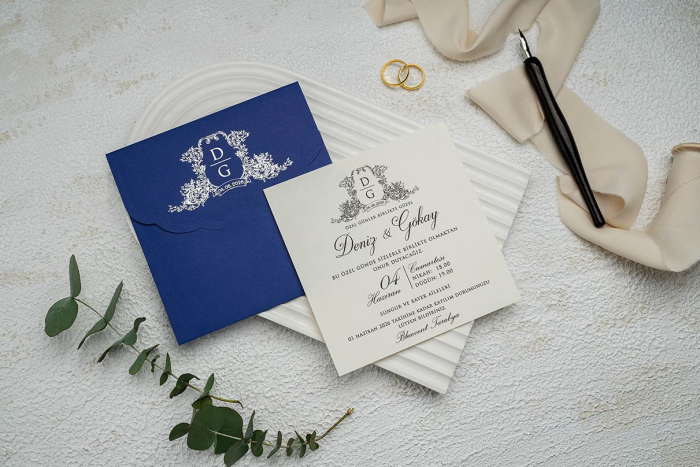 Invitatie de nunta eleganta alba cu plic albastru - cod 9305 [2]