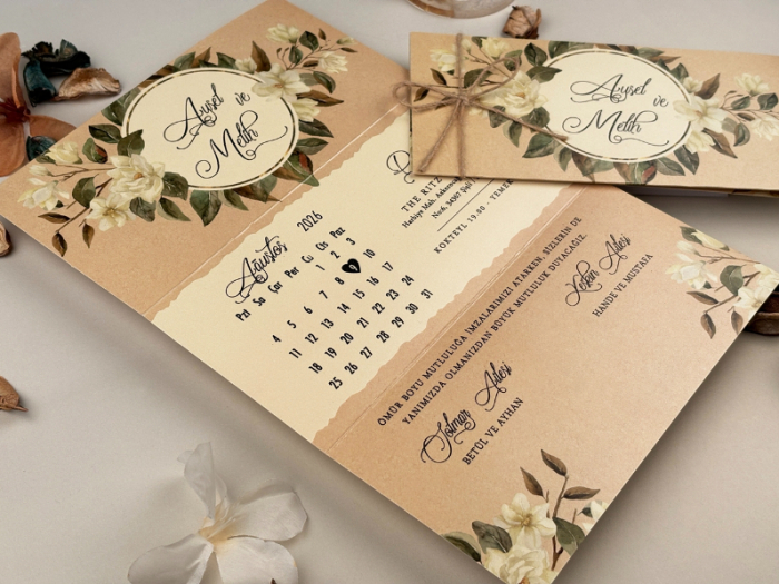 Invitatie de nunta vintage crem cu model de flori albe - cod 85864 [2]