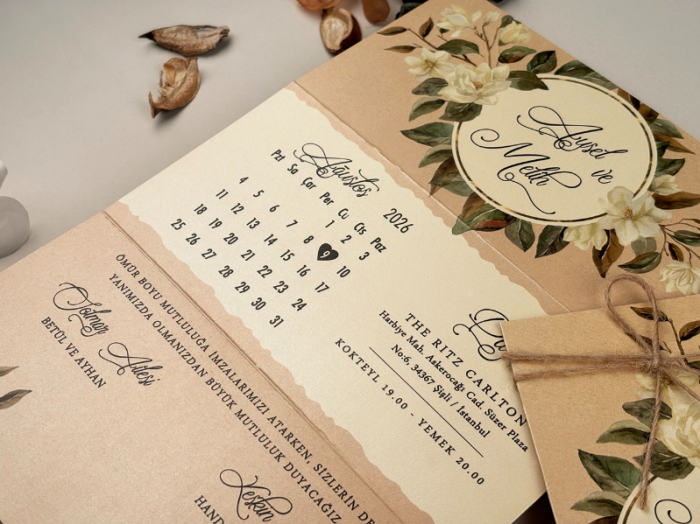 Invitatie de nunta vintage crem cu model de flori albe - cod 85864 [4]