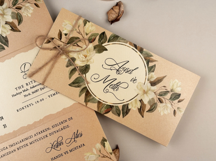 Invitatie de nunta vintage crem cu model de flori albe - cod 85864 [3]