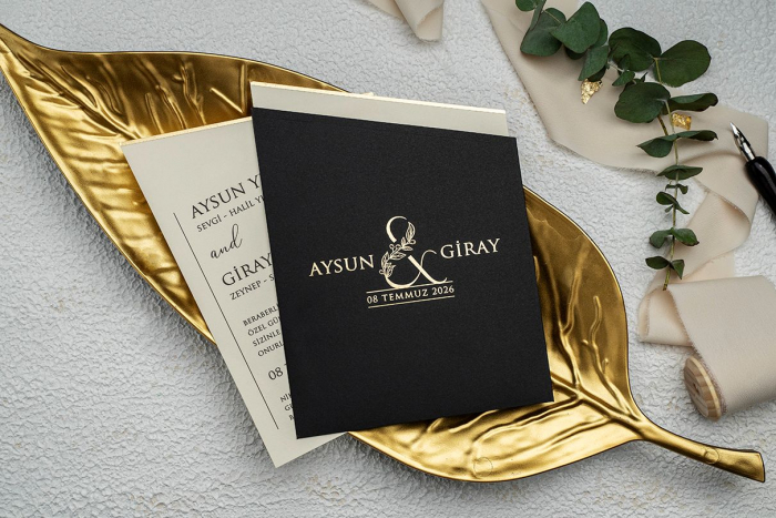 Invitatie de nunta eleganta crem cu plic negru - cod 9275 [2]