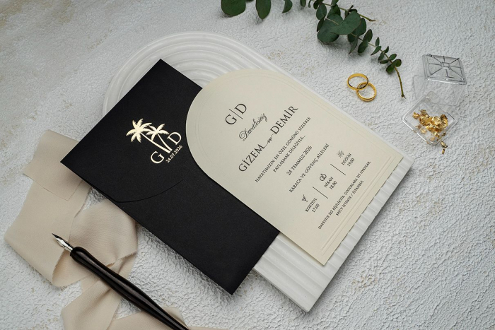 Invitatie de nunta eleganta crem / bej cu plic negru - cod 9309 [2]