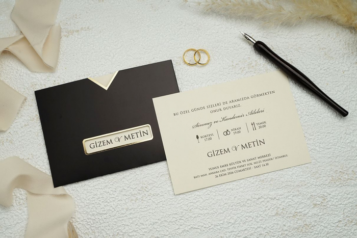 Invitatie de nunta eleganta crem / bej cu plic negru si auriu - cod 9308 [2]