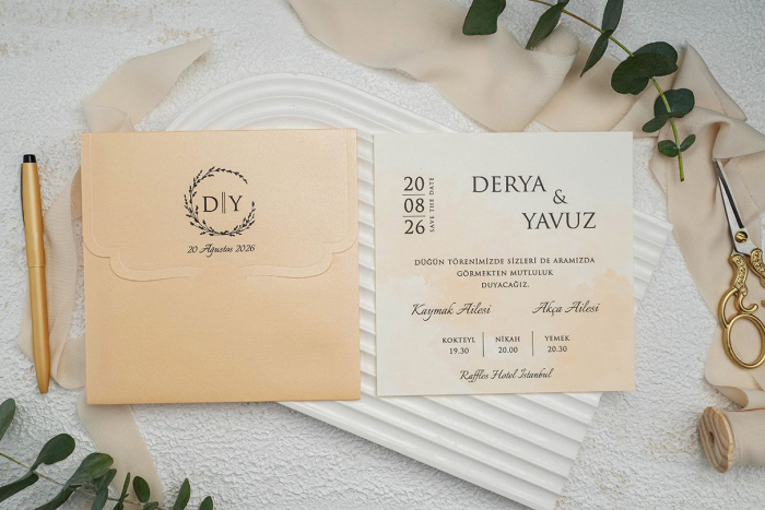 Invitatie de nunta eleganta crem / bej cu plic portocaliu - cod 9306 [2]