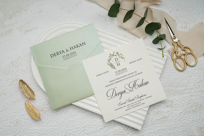 Invitatie de nunta eleganta crem / bej cu plic verde - cod 9307 [2]