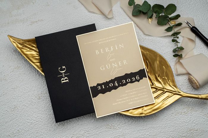 Invitatie de nunta eleganta crem cu plic negru - cod 9281 [2]