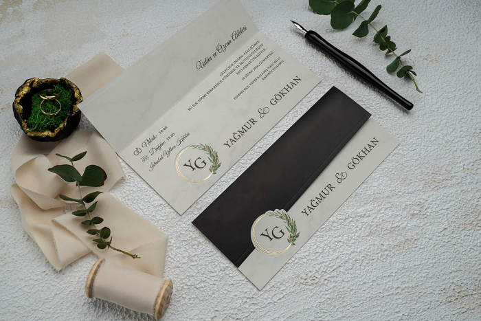 Invitatie de nunta eleganta cu model de marmura alb si negru - cod 9335 [2]